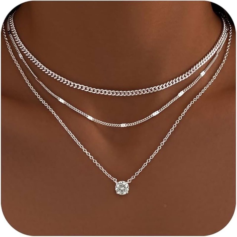 WomenGifts Layered Gold Necklaces for Women, 14K Gold Sterling Silver Plated Dainty Pendant Necklace Set with Cubic Zirconia Circle, Chunky Stackable Cuban Chain Choker, Trendy Personalized Birthstone