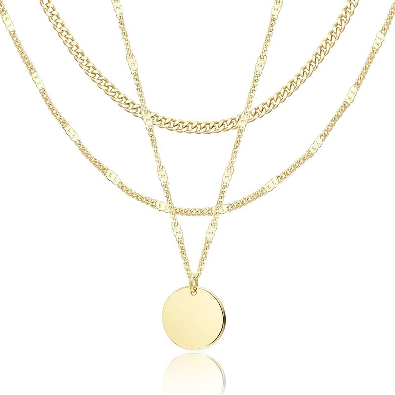 WomenGifts Layered Gold Necklaces for Women, 14K Gold Sterling Silver Plated Dainty Pendant Necklace Set with Cubic Zirconia Circle, Chunky Stackable Cuban Chain Choker, Trendy Personalized Birthstone
