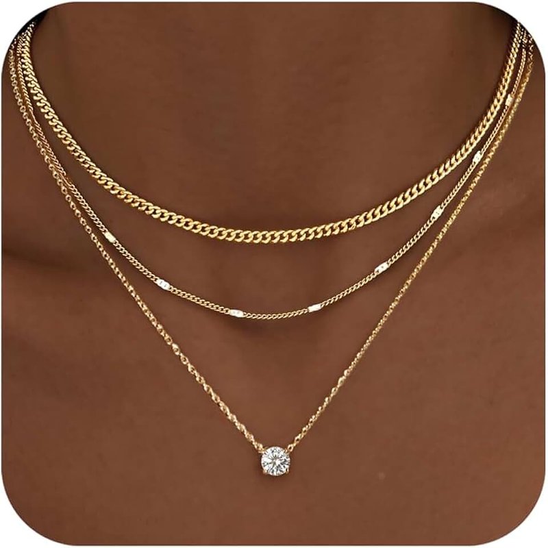 WomenGifts Layered Gold Necklaces for Women, 14K Gold Sterling Silver Plated Dainty Pendant Necklace Set with Cubic Zirconia Circle, Chunky Stackable Cuban Chain Choker, Trendy Personalized Birthstone