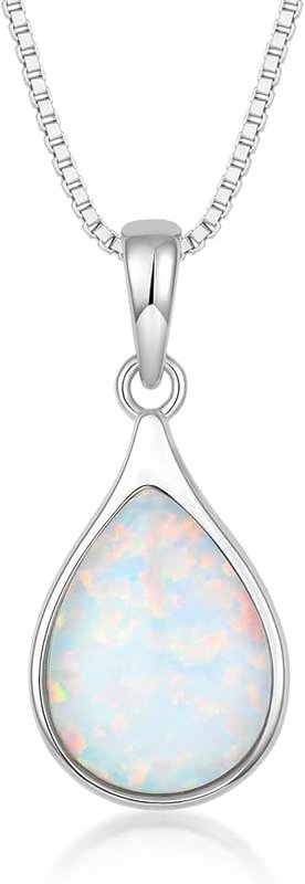 Veshon Opal Necklace for Women - 925 Sterling Silver October Birthstone Teardrop Pendant with 9x12mm Opal Gemstone, Adjustable Box Chain Jewelry Gift, Sterling Silver, Created Opal