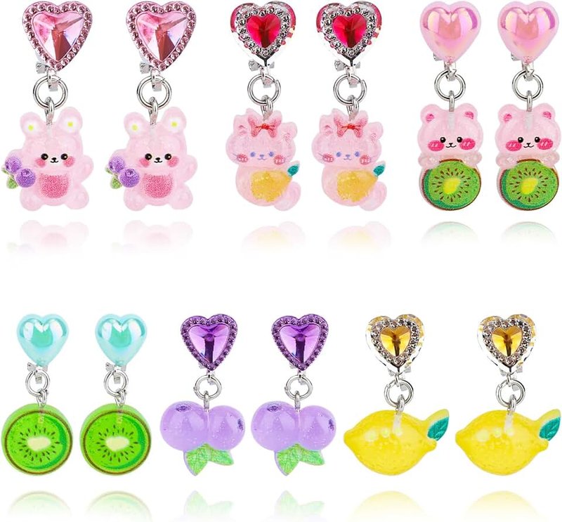 Mikovivi 6 Paar Ohrclips für Mädchen, Ohrstecker-Set Ohne Ohrloch mit Ohrpolstern Süßes Schmetterlings-Kaninchen-Regenbogen-Design Ohrclips für Kinder Ohne Loch Schmuck als Geschenk