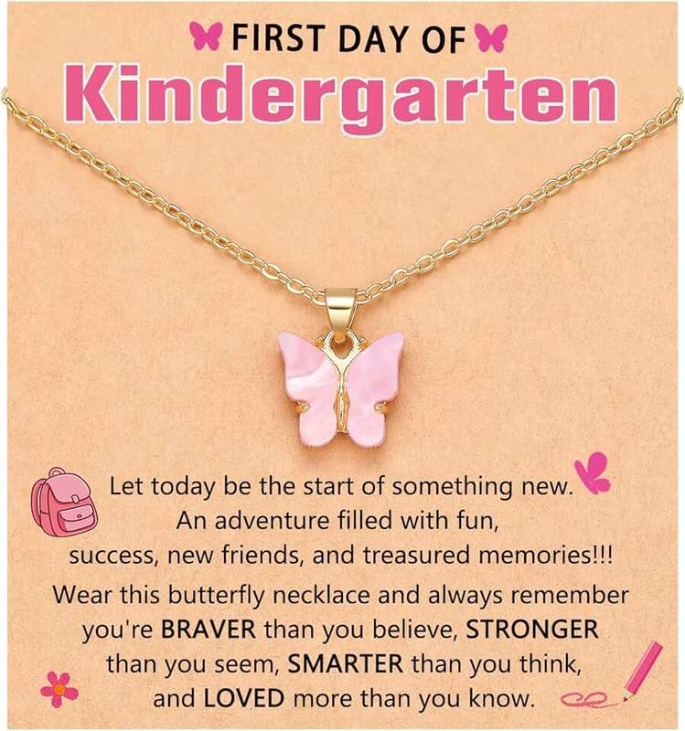 Kidbbi First Day of Preschool/Kindergarten, Pink Butterfly Necklace Back to School Gifts for Kids Girls