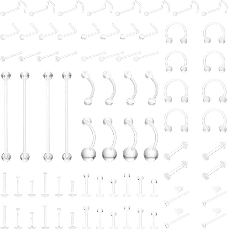Soziprix 76pcs,clear piercing retainer for surgery,Bioflex Nose Rings clear earrings for sports lip rings eyebrow piercing jewelry horseshoe nose ring, nipple ring dangle belly tongue rings tragus piercing