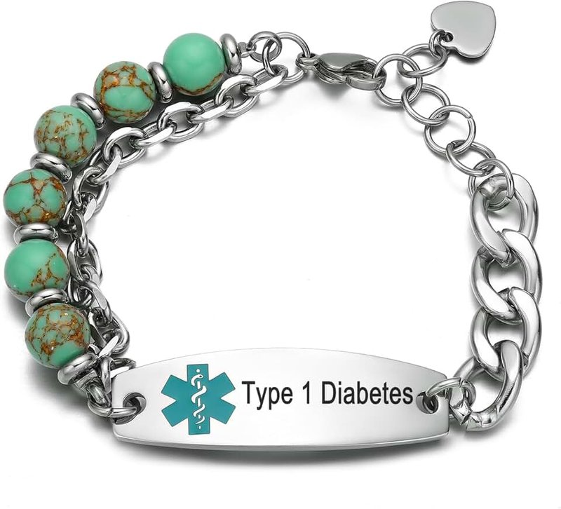 JFJEWER Medical Alert Bracelets for Women Men, Personalized Custom Agate Beaded Medical ID Bracelet, Stainless Steel Layered Emergency Medic Alert ID Bracelet, 6.5-8.5 Inch