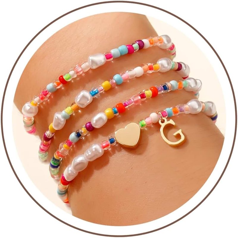 JIAOGE Colorful Initial Bracelets for Girls - 4PCS Gold Stretchable Boho Beaded Pearl Heart Initial Bracelets for Women Teen Girl Gifts Trendy Stuff Cute Stackable Kids Jewelry Set Birthday Gifts