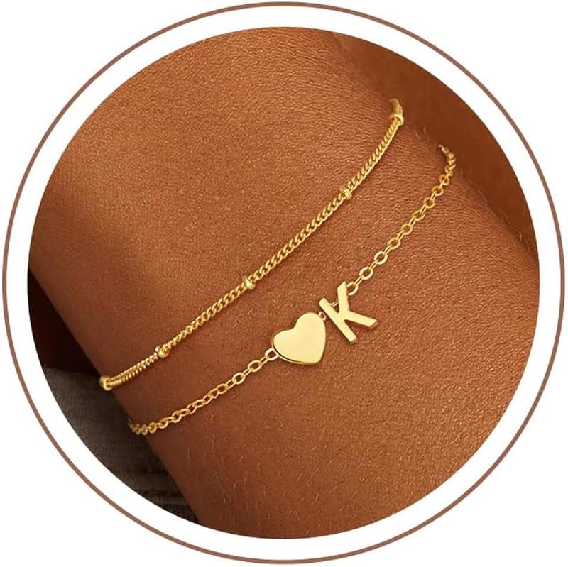 Fezodo Christmas Gifts for Grandkids Teens Girls, 14K Gold Plated Heart Initial Bracelets for Women Girl Dainty Gold Bracelets Birthday Gifts Stocking Stuffers for Teen Girls Women Jewelry