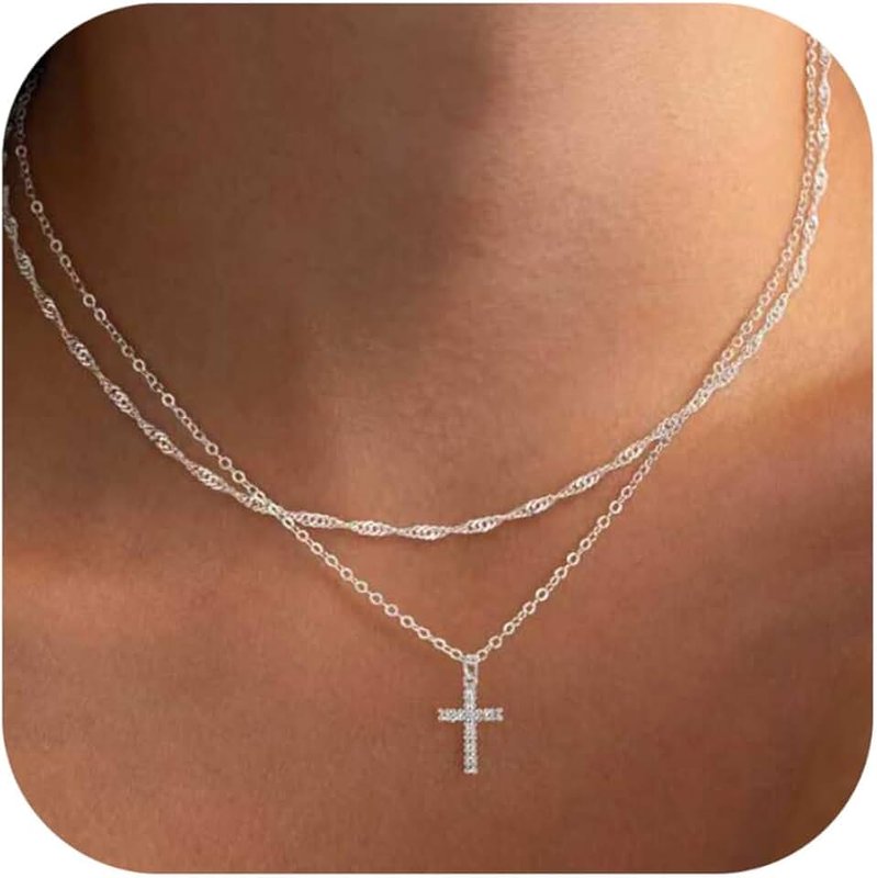 GRCLD Cross Necklace for Women Dainty 14K Real Silver Gold Plated Layered Cross Pendant Necklace Stack Simple Trendy Cute Charm Choker Necklaces Jewelry Gift for Women Teen Her