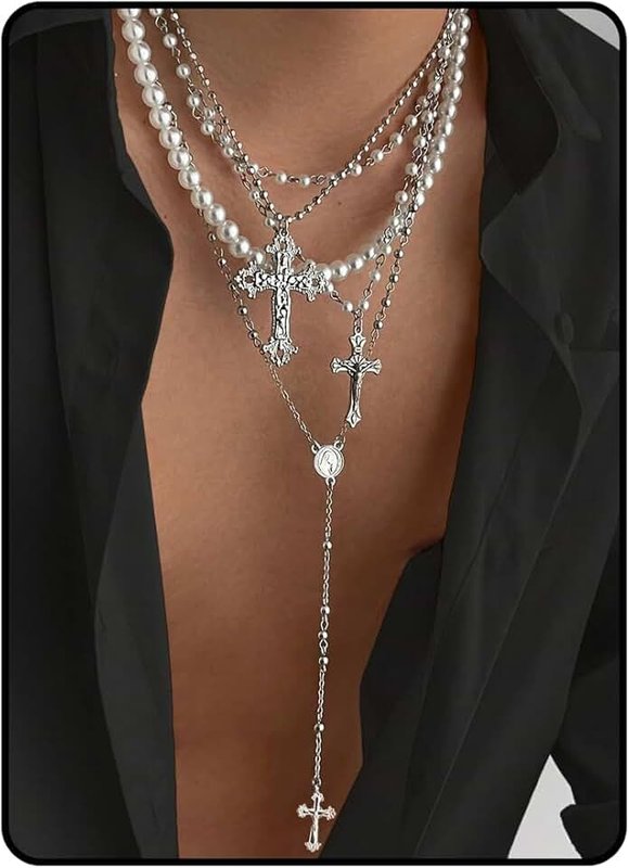 TMDSHS Silver Layered Cross Necklace Set For Women, 4Pcs Pearl Rosary Choker Chunky Christian Pendant Vintage Long Y Gold Necklace Stack Religious Statement Boho Gothic Adjustable Jewelry Gift
