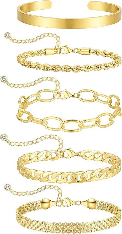 Sewyer Chunky Gold Bracelets for Women Non Tarnish 14k Gold Plated Womens Gold Bracelet Stack Layered Cuban Rope Mesh Paperclip Cuff Bracelets Waterproof Jewelry Gifts