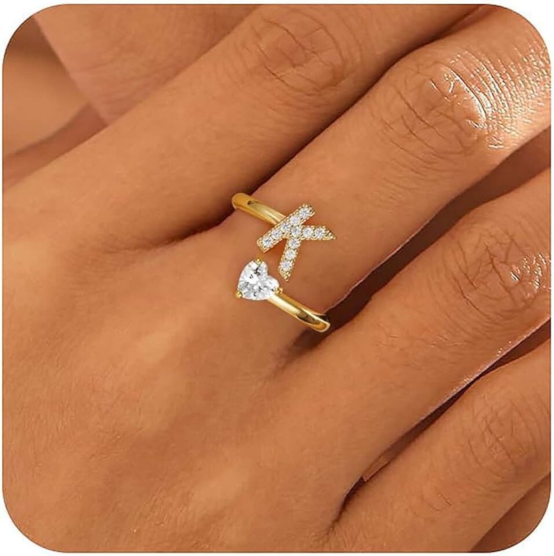 Treasure Bender Initial Gold Rings for Girls Women - Dainty 14K Gold Plated Adjustable Letter A-Z Rings Teen Girls Gifts Trendy Stuff Heart CZ Initial Ring Teens Birthday Gift for Girls Non Tarnish