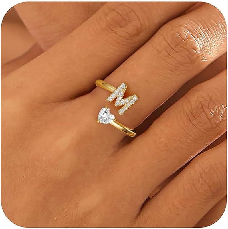 Treasure Bender Initial Gold Rings for Girls Women - Dainty 14K Gold Plated Adjustable Letter A-Z Rings Teen Girls Gifts Trendy Stuff Heart CZ Initial Ring Teens Birthday Gift for Girls Non Tarnish
