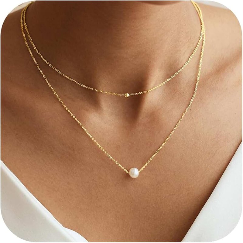 Decholly Gold Pearl Necklaces for Women Trendy, 14K Real Gold Plated Dainty Necklace Simple Layered Pearl Necklaces for Women Trendy Wedding Birthday Jewelry