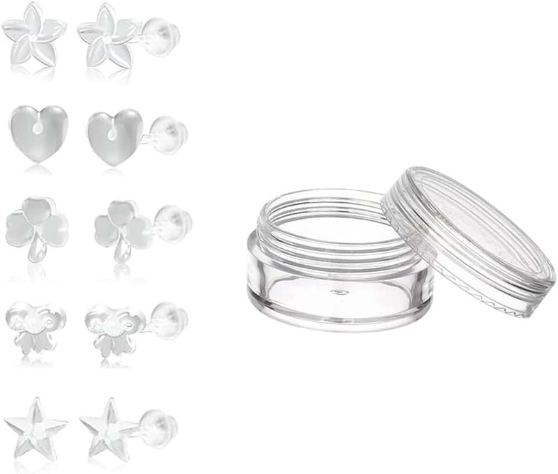 Pence & Moon Collective 10 Pcs Clear Earrings for school, Invisible Plastic Earrings for Sensitive Ears & Hypoallergenic Silicone Set with Storage Box