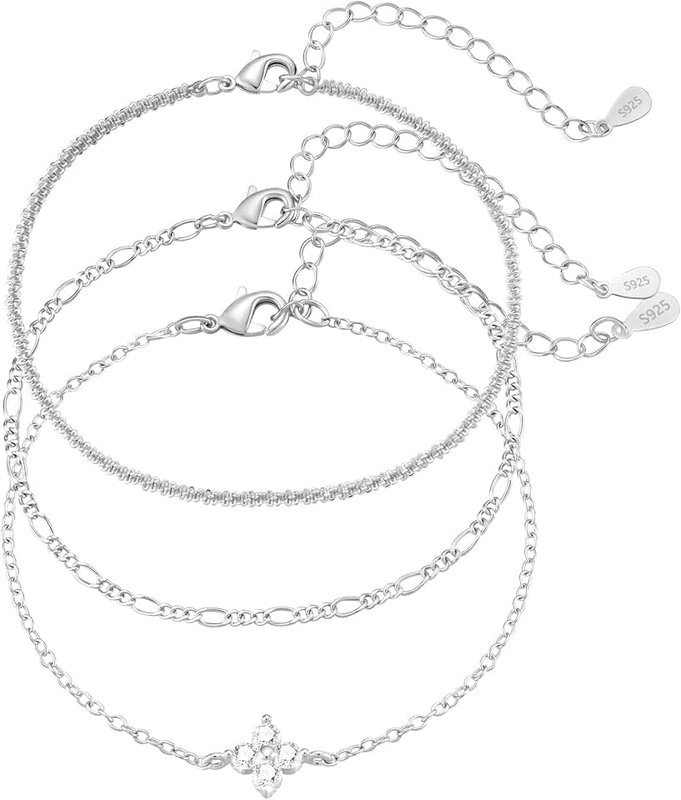 Diorra Women's Bracelet, 925 Sterling Silver Bracelet, Set of 3, Adjustable, Stackable, Figaro Beads, Chains, Bracelets, Jewellery Gifts for Women