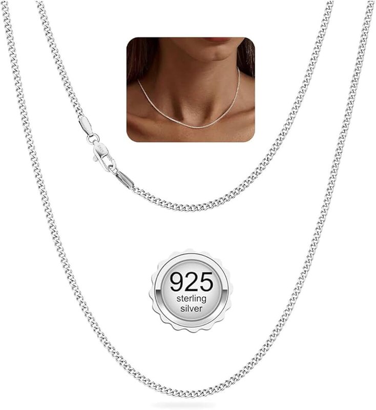 BAROROBA 925 Solid Sterling Silver 1.5mm/2mm Curb Chain Necklace for Women Girls, Sturdy&Dainty& Non-Fading Sterling Silver Chain Ideal Choice for Pendant Jewellery Gifts 14/16/18/20/22/24 Inch