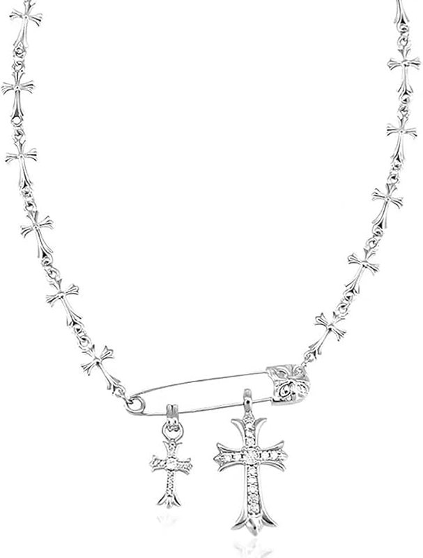 KMYLINKER Faith Cross Necklaces for Women Safety Pin Necklace Silver Double Cross Pendant Necklace Y2K Gothic Punk Jewelry for Women Men