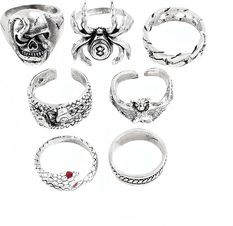 Gnepief Gothic Silver Ring Set, 6 Pieces, Spider Skull Snake Design, Vintage Punk Style Statement Rings