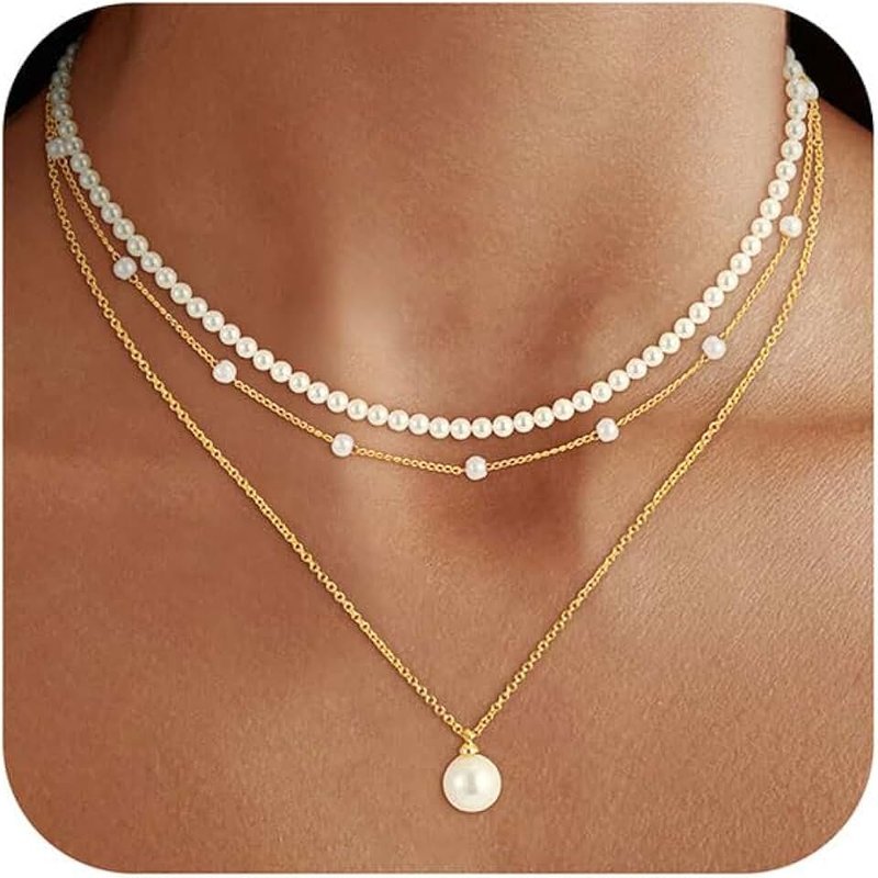 Fezodo Pearl Necklaces for Women Trendy, 18K Gold/Silver Plated Layered Pearl Necklace Dainty Pearls Choker Necklace and Earring Set Simple Pearls Bracelets Wedding Prom Gold Jewelry for Women Gifts