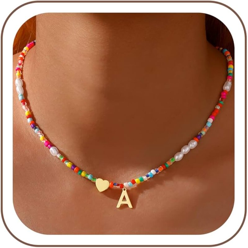 JIAOGE Initial Necklaces for Girls Gifts - Colorful Beaded Pearl Heart Initial Necklaces for Women Kids Teen Girl Gifts Trendy Stuff Cute Boho Choker Necklace for Girls Jewelry Birthday Gift