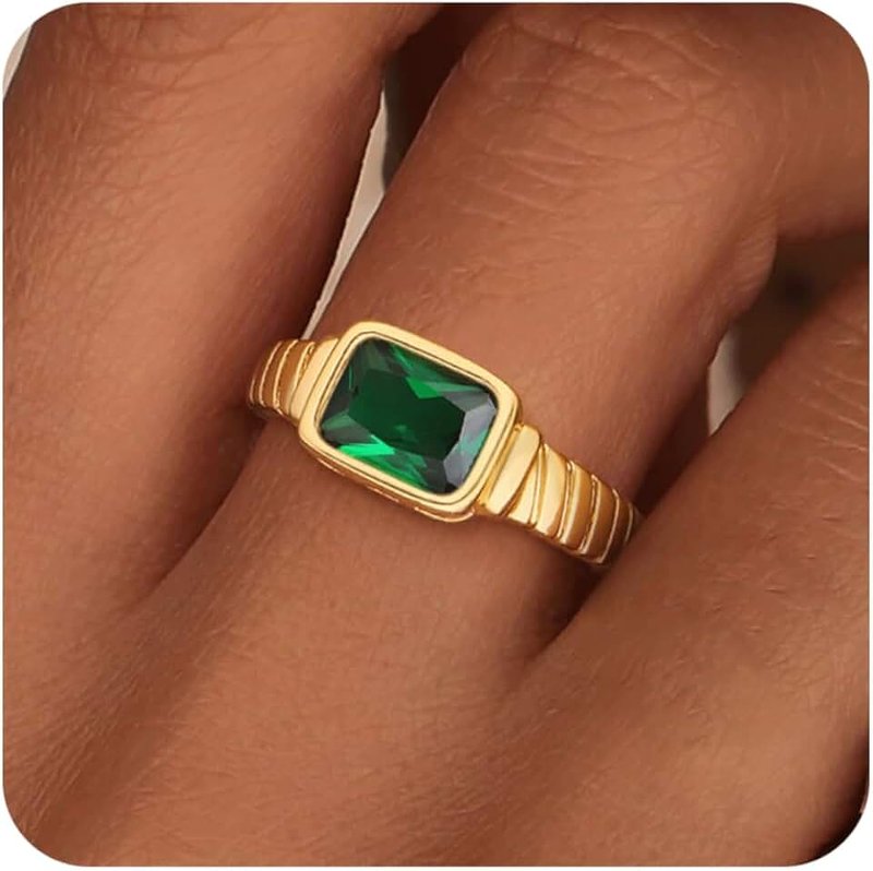 ZHESHY Birthstone Gold Rings for Women Non Tarnish Vintage Chunky Gemstone Emerald Rings 14K Gold Plated CZ Signet Thumb Rings Band Jewelry Gift for Birthday Size 6-11