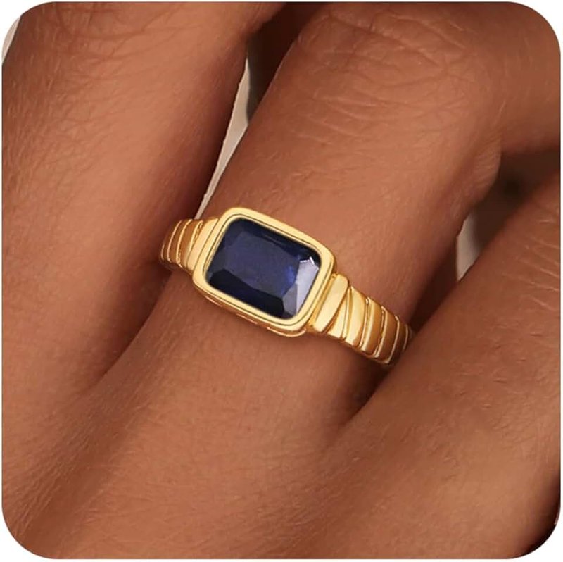 ZHESHY Birthstone Gold Rings for Women Non Tarnish Vintage Chunky Gemstone Emerald Rings 14K Gold Plated CZ Signet Thumb Rings Band Jewelry Gift for Birthday Size 6-11
