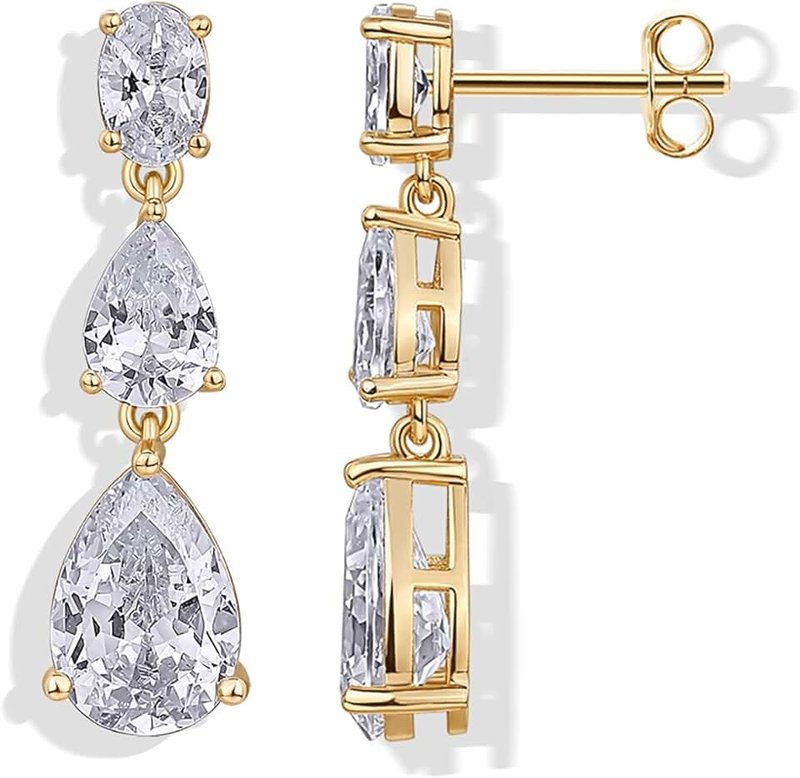 PAVOI 14K Gold Plated Cubic Zirconia Dangle Earrings for Women - Crystal Long Linear Bridal Drop Earrings - Cluster CZ Pearl Simulated Diamond Drop Dangle Wedding Jewelry for Brides & Bridesmaid