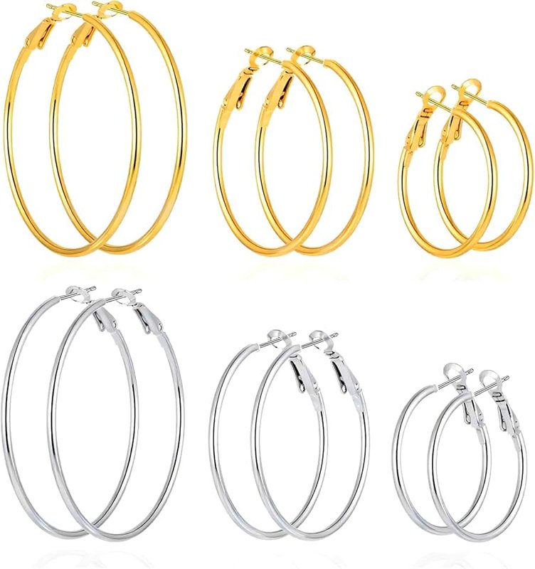 DENNSHH 6 Pairs Stainless Steel 30/40/50 mm Silver 14K Gold Hoop Earrings for Women Hypoallergenic Big Thin Lightweight Dangle Set, 30mm, 40mm, 50mm, Stainless Steel, No Gemstone