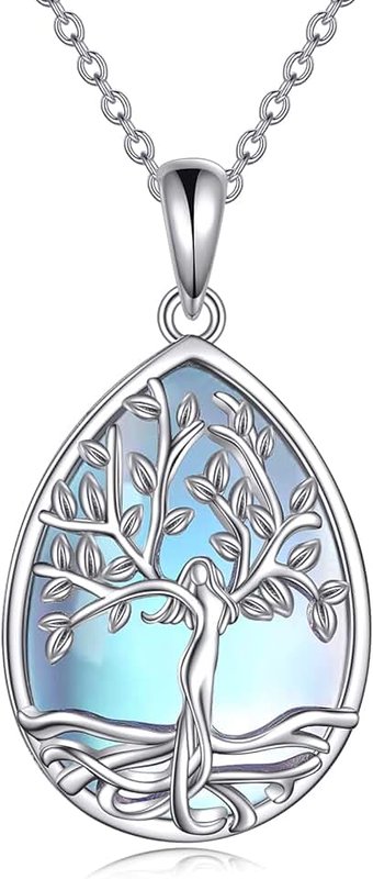 TIGER RIDER Tree of Life Necklace for Women 925 Sterling Silver Teardrop Moonstone Pendant Jewelry Mothers Day Birthday Gifts for Mom Daughter Sister