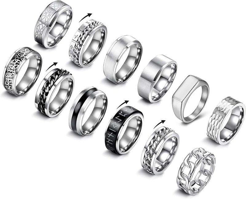 EIELO 12Pcs Mens Stainless Steel Rings Cool Silver Band Ring for Men Women Spinner Chain Fidget Ring Simple Wedding Engagement Ring Set Size7-12