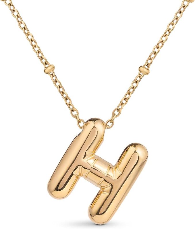 Amberta Chunky Bubble Gold Initial Necklace for Women Teens Gifts | 18K Gold Plated Monogram Pendant Puffy Balloon Letter Necklace