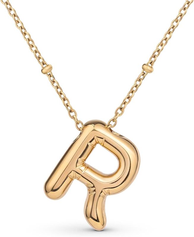 Amberta Chunky Bubble Gold Initial Necklace for Women Teens Gifts | 18K Gold Plated Monogram Pendant Puffy Balloon Letter Necklace