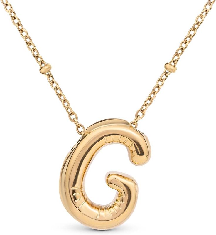 Amberta Chunky Bubble Gold Initial Necklace for Women Teens Gifts | 18K Gold Plated Monogram Pendant Puffy Balloon Letter Necklace