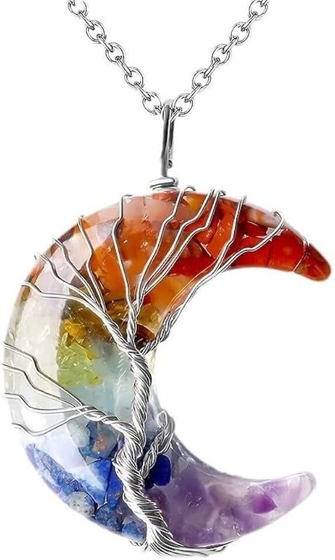 Generic Resin Necklace Moon Tree of Life Wire Wrapped Pendant for Women