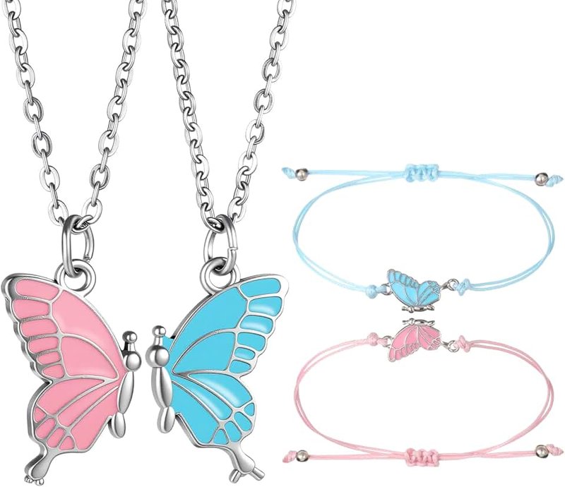 Tweruna Best Friend Necklaces Bracelets for 2, Butterfly Friendship Bracelets Necklace, Enamel Butterfly Matching BFF Necklace Bracelet for Women Birthday Christmas Gifts