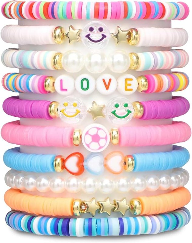 10 Pcs Friendship Bracelets Set, Beaded Bracelets with Smile Face, Heart, Stars, Letter Beads, Stretch String BFF Friendship Gifts for Girls and Kids, Girls Party Bag Fillers