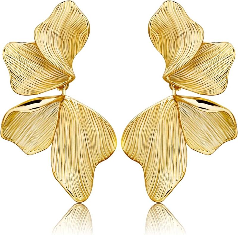 DDPDDP Gold Statement Earrings For Women 18K Gold Plated Sectored Flower Leaf Shell Angel Wing Earring Large Stud Earrings Hypoallergenic Stud