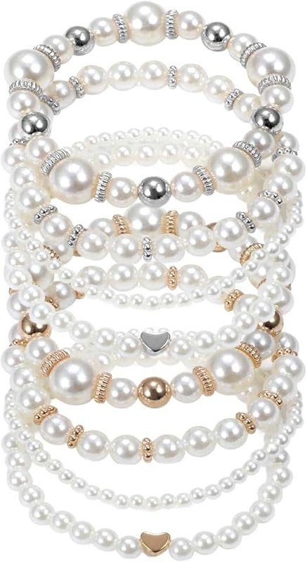 KFHENSOMR 8 Pack Pearl Bracelets for Women Simulated Pearl Beaded Stackable Bracelet Set White Pearls Stretch Bracelet Set Multilayered Elastic Pearls Bracelets Bangles for Women Bridal Boho Jewelry
