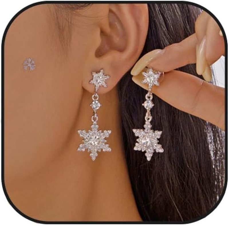Lookray Snowflake Earrings for Women Christmas Snowflake Pearl Drop Dangle Earrings Sparkly White Zirconia Snowflakes Stud Earrings Christmas costume Jewelry Gifts
