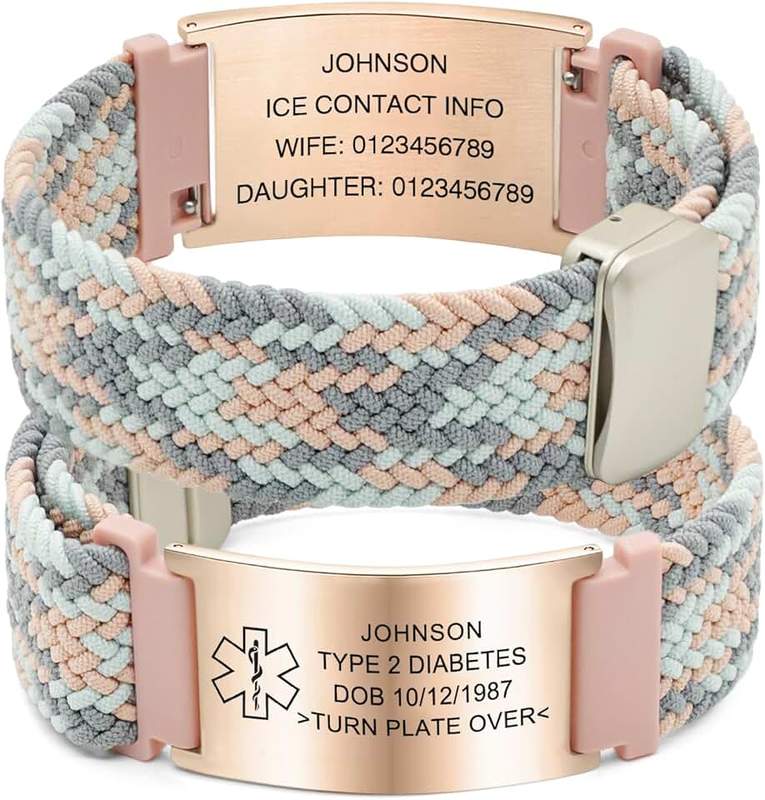 YOUNIFLARE Personalized Medical Alert Bracelet, Elastic Nylon Medical ID Bracelet with Engraved Tag, Adjustable Length and Color Options, Custom Keepsake Gift for Health-Conscious Loved Ones