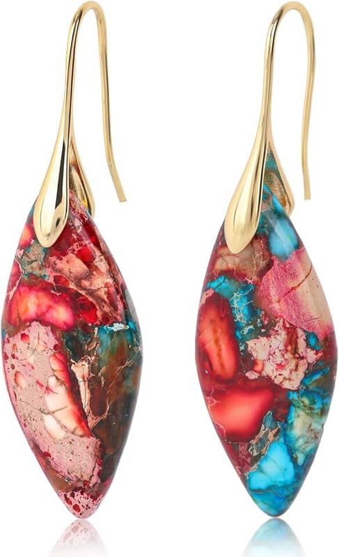 Mikovivi Fishhoop Dangle Drop Earrings, Trendy Natural Stone Earrings Teardrop Gemstone Statement Jewelry for Women