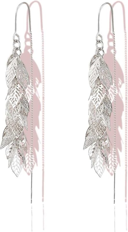 ZioNNyxviana 14K Gold Plated Long Leaf Threader Chain Drop Dangle Earrings for Women Trendy 925 Sterling Silver Posts Gold/Silver Statement Tassels Floral Earrings Hypoallergenic Wedding Jewelry