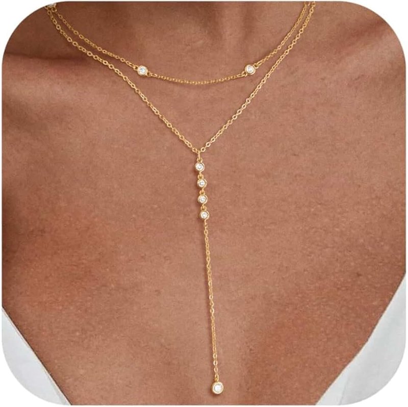 Fglqfam Lariat Necklace for Women, Dainty Long Necklaces, 14k Gold/Silver Plated Y-Shaped Drop Chain Necklace, Simple Layered Necklaces, Trendy Jewelry Gifts for Her