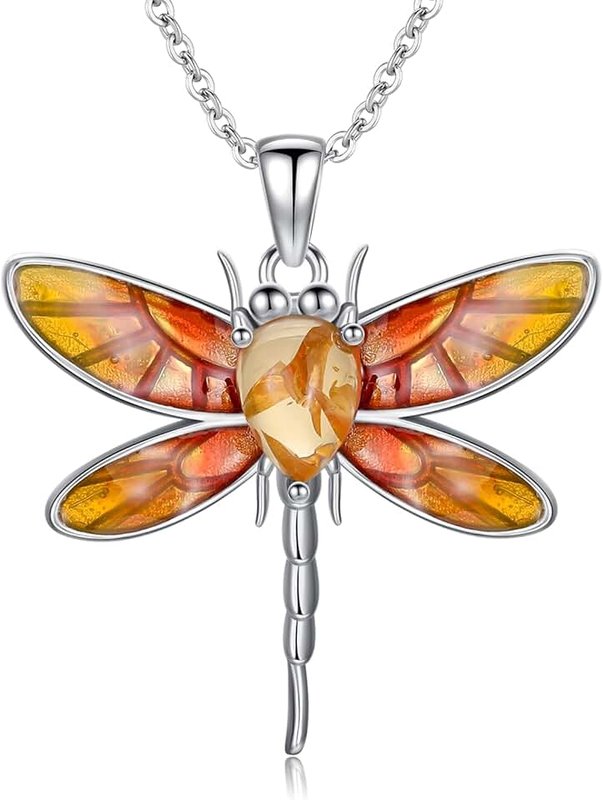 PIIDHW Dragonfly Necklace Sterling Silver Amber Dragonfly Pendant Orange Dragonfly Jewelry Gift Women, Organe