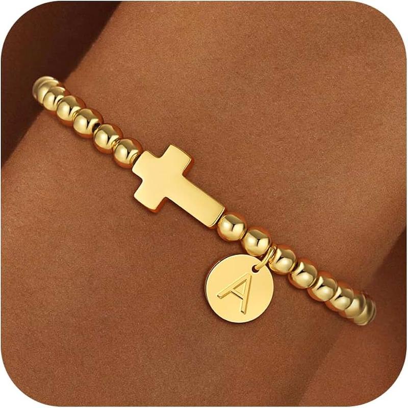 Fezodo Gold Initial Bracelets for Women Girls Kids, Dainty 18K Gold Plated Cross Initial Bracelet Non Tarnish Beaded Bracelets Personalized Birthday Gifts for Women Girls Jewelry
