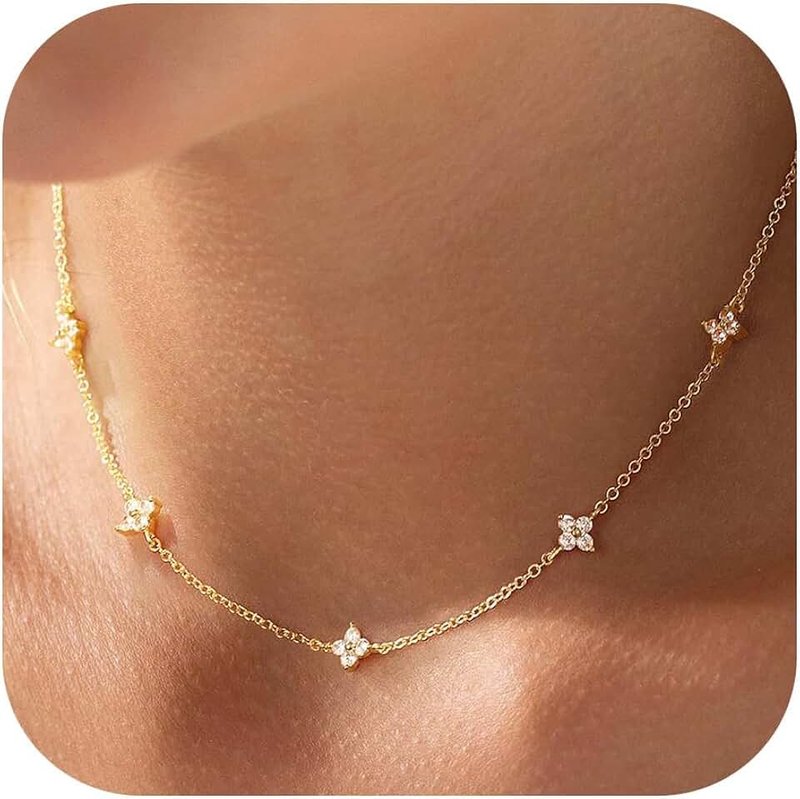 HARJJME Necklace Gold Silver 925 Women's 14k Gold-Plated Necklace Women's Clover Heart Beads Cubic Zirconia Choker Chains Waterproof Charm Golden Silver Statement Chain Fashion Jewellery Gifts