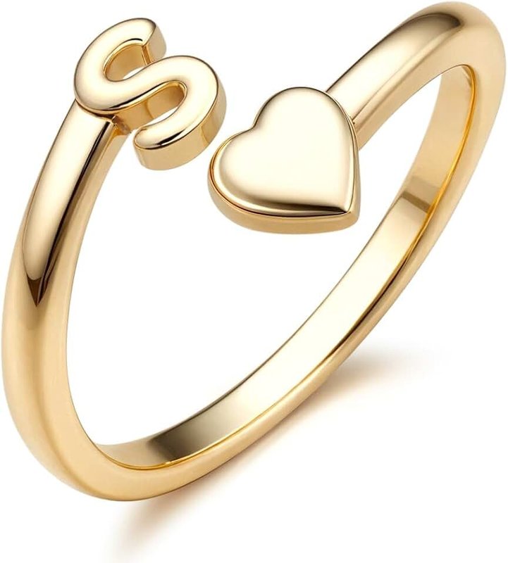 FUNRUN JEWELRY Gold Initial Rings for Women Non Tarnish 14K Gold Plated Adjustable Letter Rings A-Z Dainty Heart Alphabet Stackable Band Ring Trendy Capital Letter Pinky Knuckle Thumb Ring