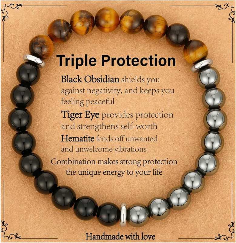 Gnamy Bracelet Gifts for Men, Triple Protection Black Obsidian Hematite Tiger Eye Beaded Natural Stone Bracelets Valentines Birthday Healing Jewelry Gifts for Him