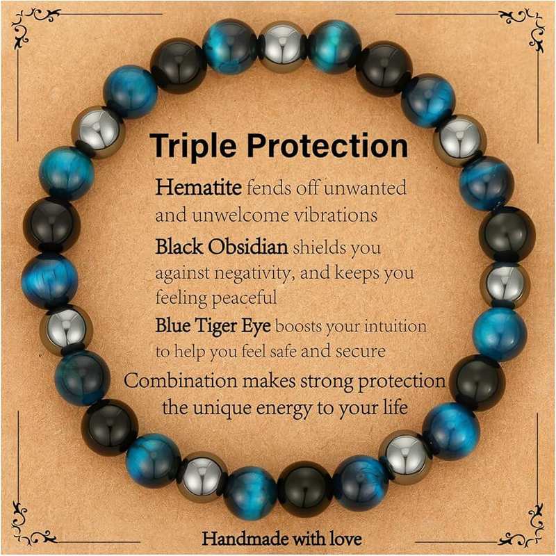 Gnamy Bracelet Gifts for Men, Triple Protection Black Obsidian Hematite Tiger Eye Beaded Natural Stone Bracelets Valentines Birthday Healing Jewelry Gifts for Him