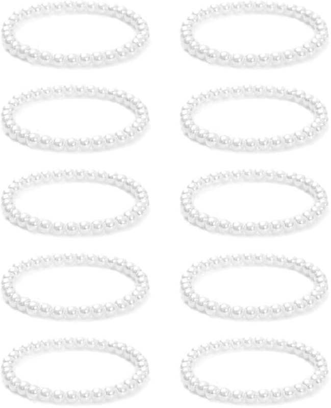 OpusBags 10 Pcs Pearl Bracelets, Faux White Pearl Bracelets for Women Beaded Stretch Strand Elastic Stackable Pearls Bracelet Set