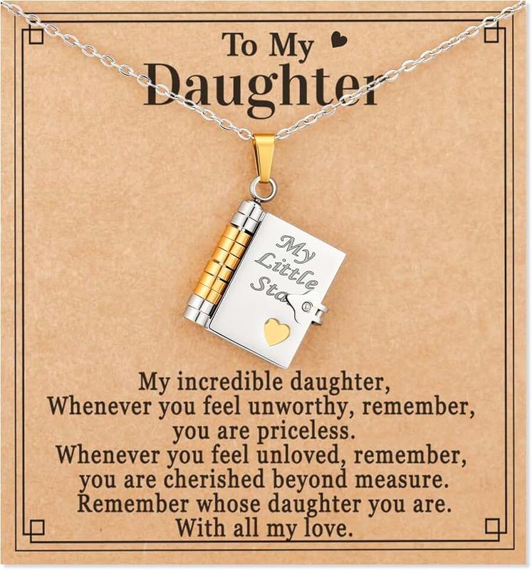 ESPVO My Little Star Book Necklace - My Incredible Daughter Book Necklace for Daughter with 6 Pages of Engraved Information Gifts from Mom Mother Dad Father 16.2+2 Inches